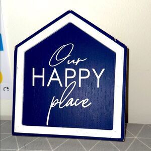 Navy Blue 'Our Happy Place' tabletop Sign EUC